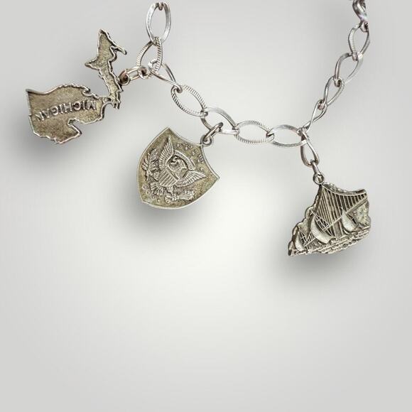 Vintage Sterling Silver Michigan Souvenir Charm Bracelet Bell Trading Post sz 7 - Picture 3 of 10